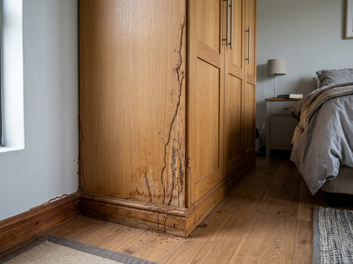 Wooden wardrobe with termite mud tracks before pest treatment